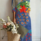 Brooklyn — Blue Patchwork Botanical V-Neck Boho Maxi Dress