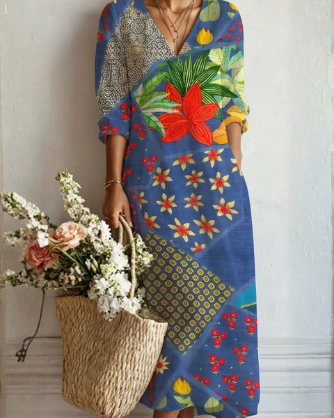 Brooklyn — Blue Patchwork Botanical V-Neck Boho Maxi Dress