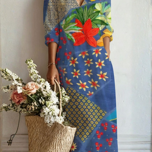 Brooklyn — Blue Patchwork Botanical V-Neck Boho Maxi Dress