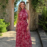Marthe — Pink Floral Halter Midi Dress with Gathered Bodice