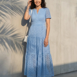 Aslaug — Sky Blue Eyelet-Look Tiered Maxi Dress with Short Sleeves