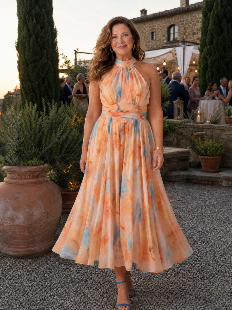 Elgiva — Apricot Watercolour Halter Midi Dress with Gathered Bodice