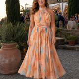 Elgiva — Apricot Watercolour Halter Midi Dress with Gathered Bodice