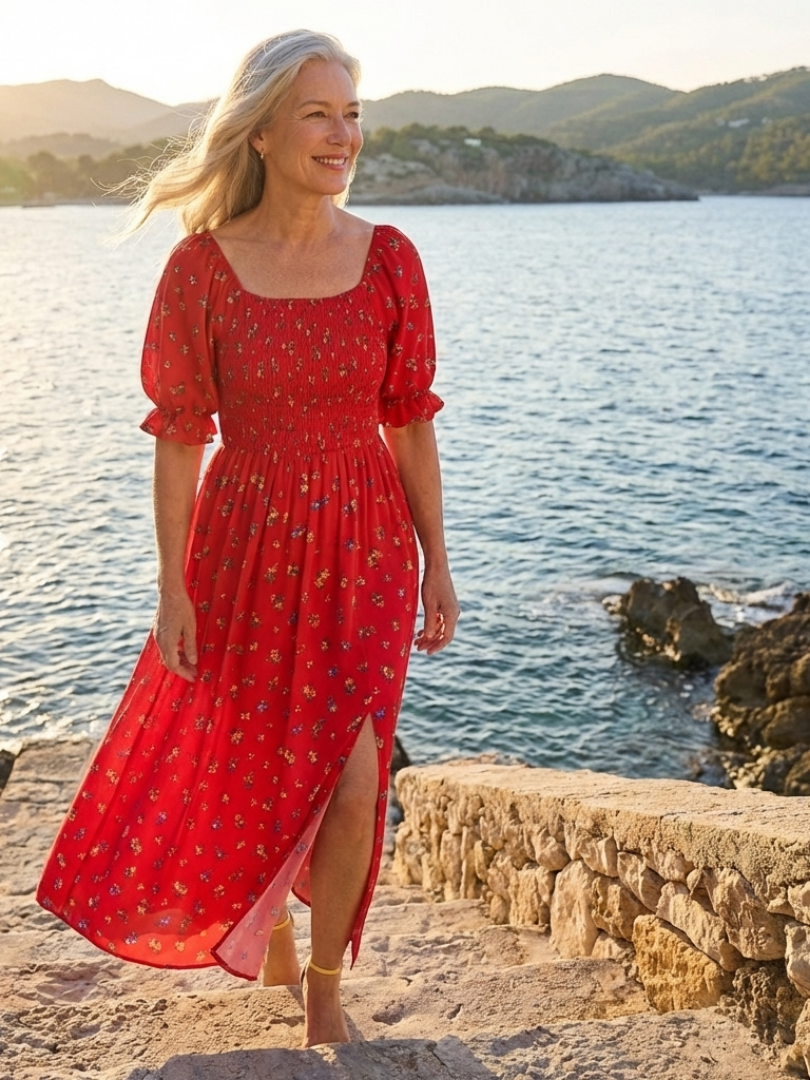 Jorid — Red Square-Neck Maxi Dress with Puff Sleeves and Front Slit