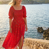 Jorid — Red Square-Neck Maxi Dress with Puff Sleeves and Front Slit