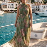 Abelone — Sage Green Floral Halter Midi Dress with Gathered Waist