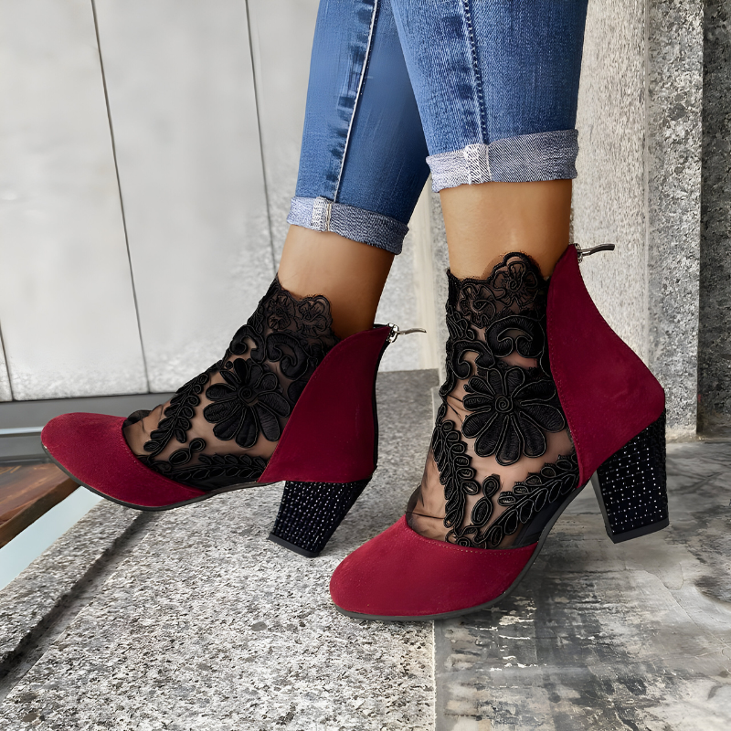 Wafa — Orthopaedic Lace-Panel Block-Heel Ankle Boots with Back Zip