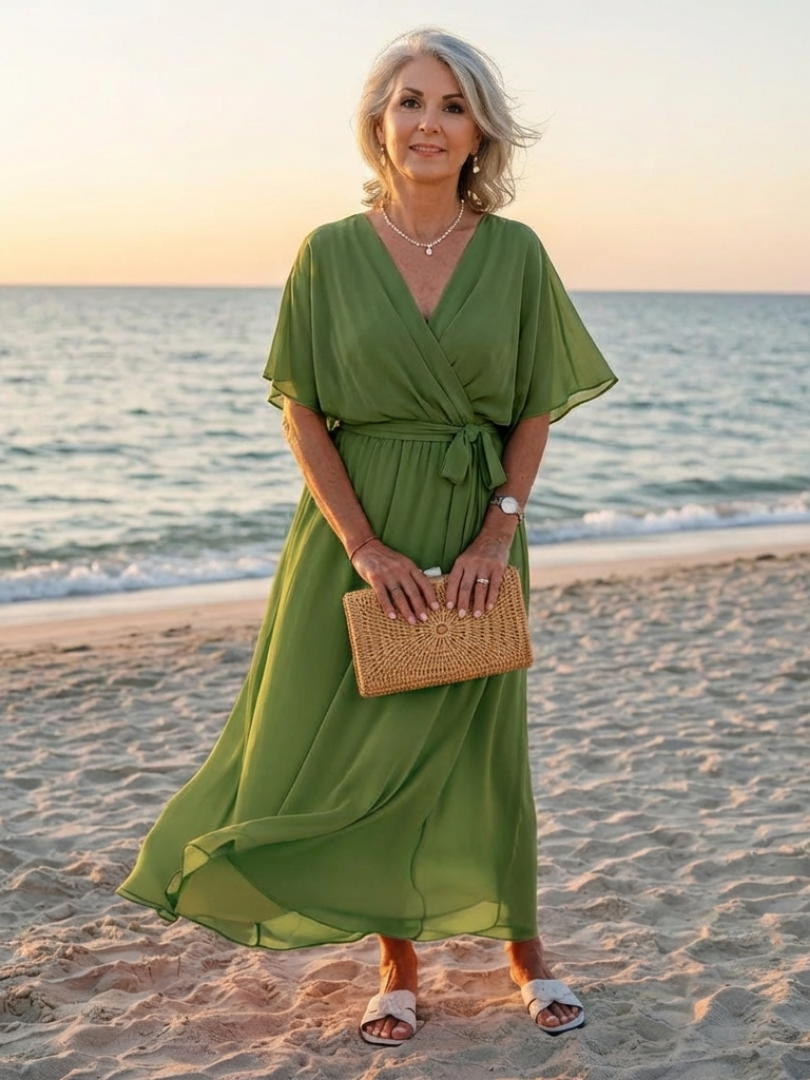 Berthilde — Draped V-Neck Midi Dress with Tie Waist and Flutter Sleeves