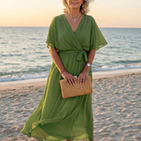 Berthilde — Draped V-Neck Midi Dress with Tie Waist and Flutter Sleeves