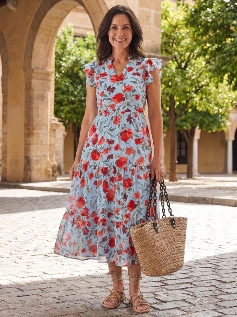 Kerttu — Floral V-Neck Tiered Midi Dress with Flutter Sleeves