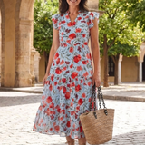 Kerttu — Floral V-Neck Tiered Midi Dress with Flutter Sleeves
