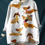 Natalya — Dachshund Pack Print Button-Up Blouse