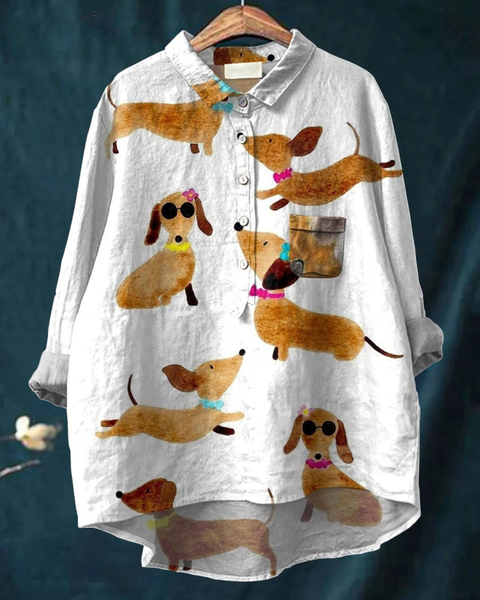 Natalya — Dachshund Pack Print Button-Up Blouse
