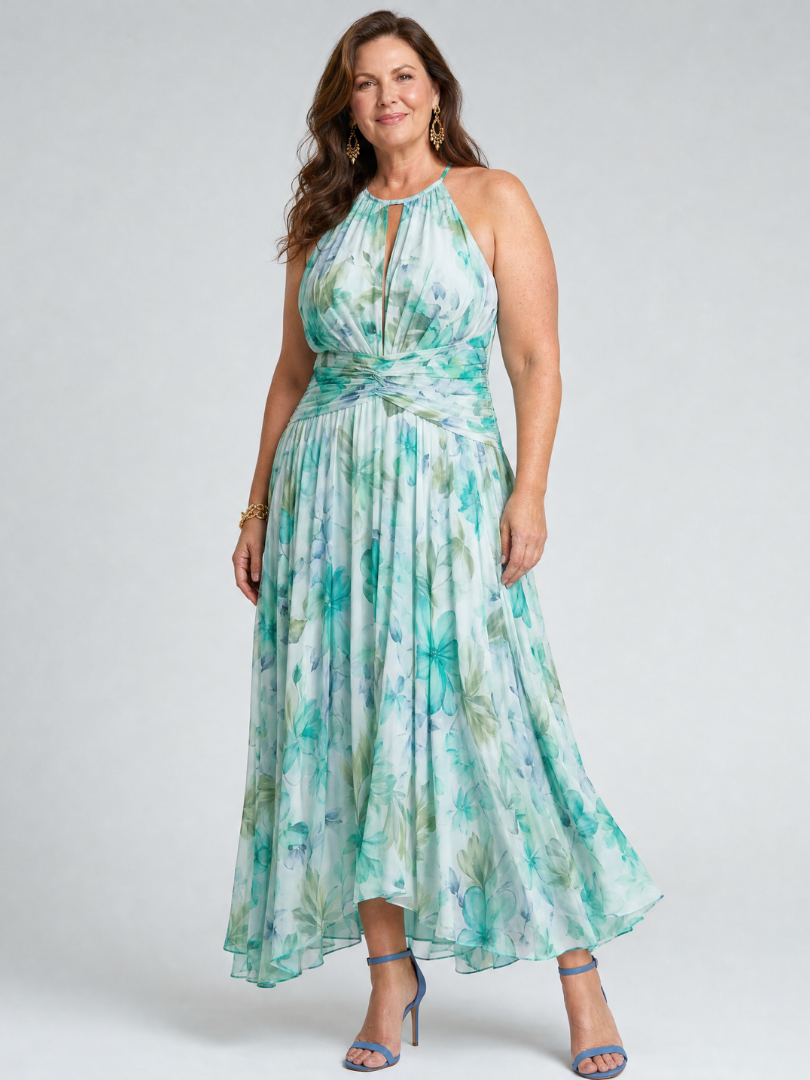 Dafne — Turquoise Floral Pleated Halter Midi Dress with Keyhole Neckline
