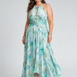 Dafne — Turquoise Floral Pleated Halter Midi Dress with Keyhole Neckline