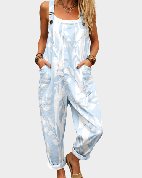 Katarina — Pale Blue Leaf Print Overalls