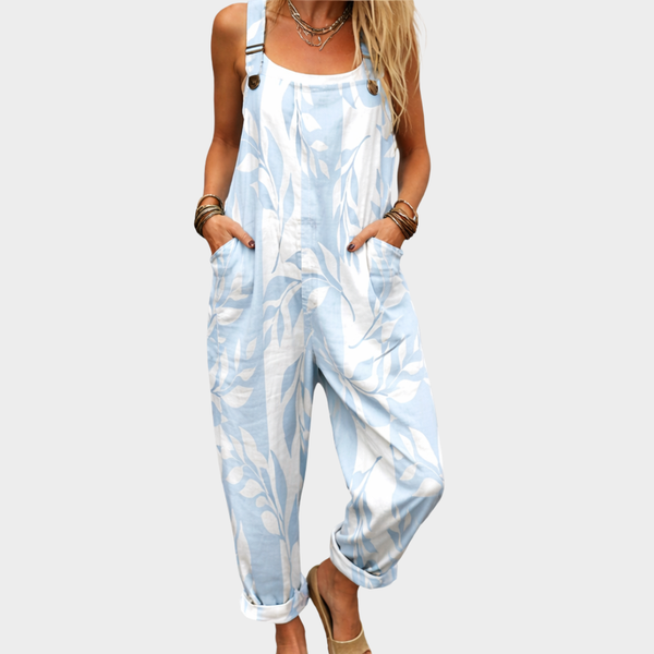 Katarina — Pale Blue Leaf Print Overalls