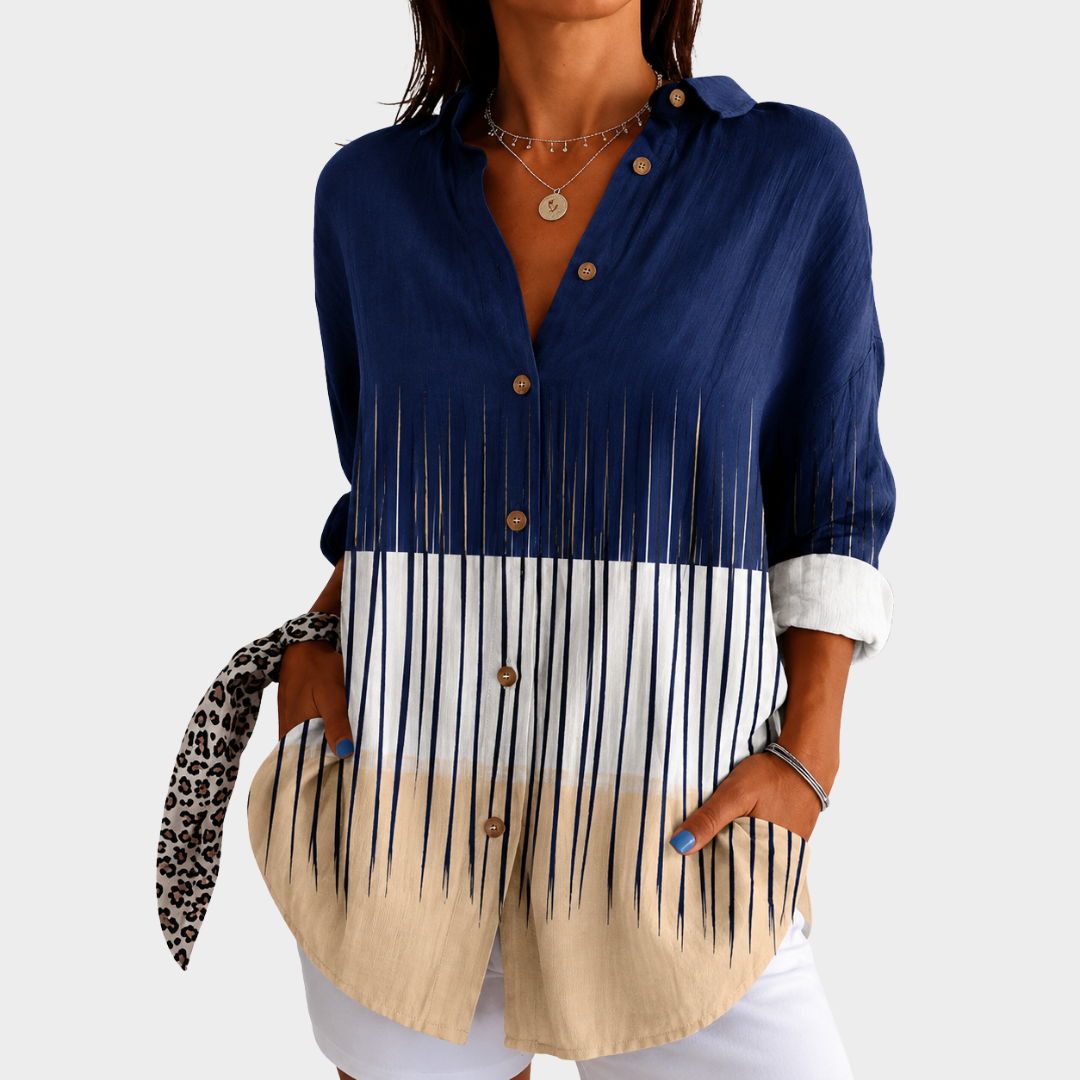 Regina — Blusa Color Block Azul-Marinho e Bege
