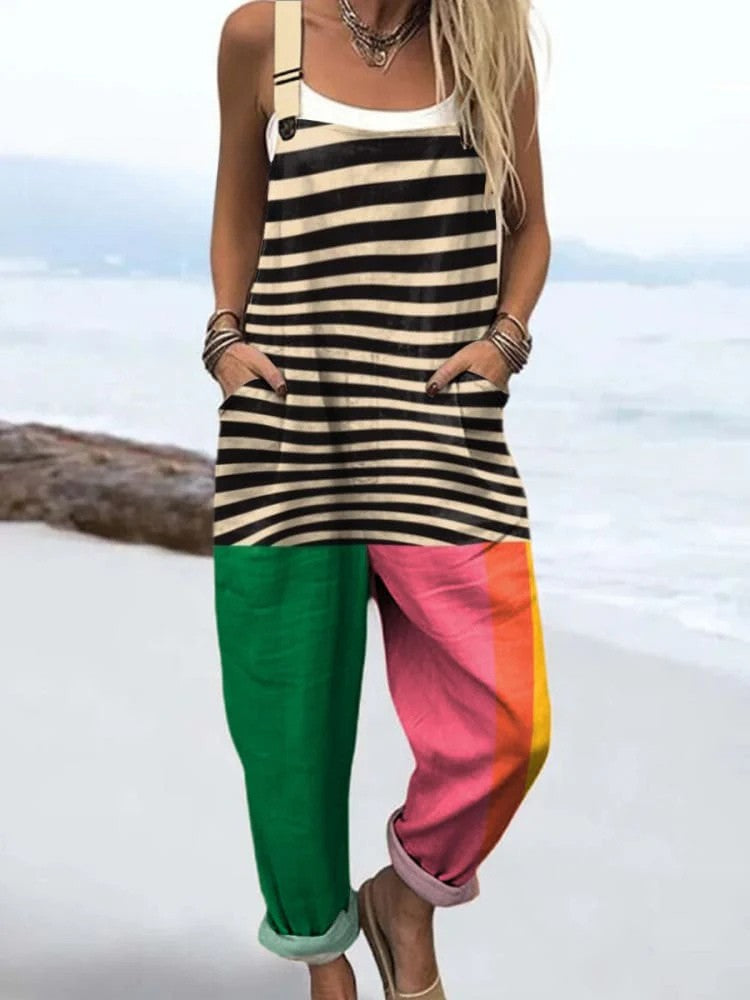Alvilda — Black Stripe and Green Colour-Block Overalls