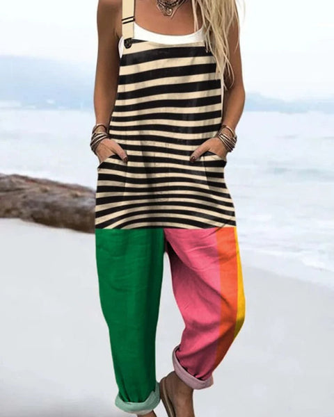 Alvilda — Black Stripe and Green Colour-Block Overalls