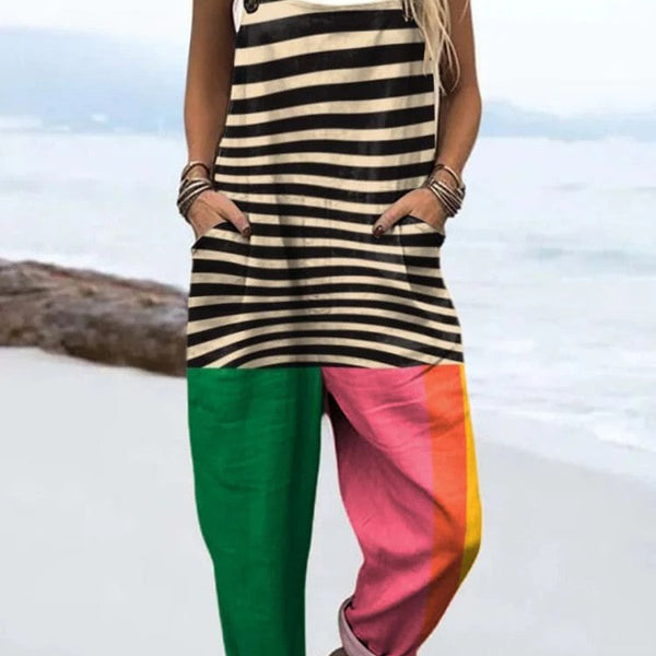 Alvilda — Black Stripe and Green Colour-Block Overalls