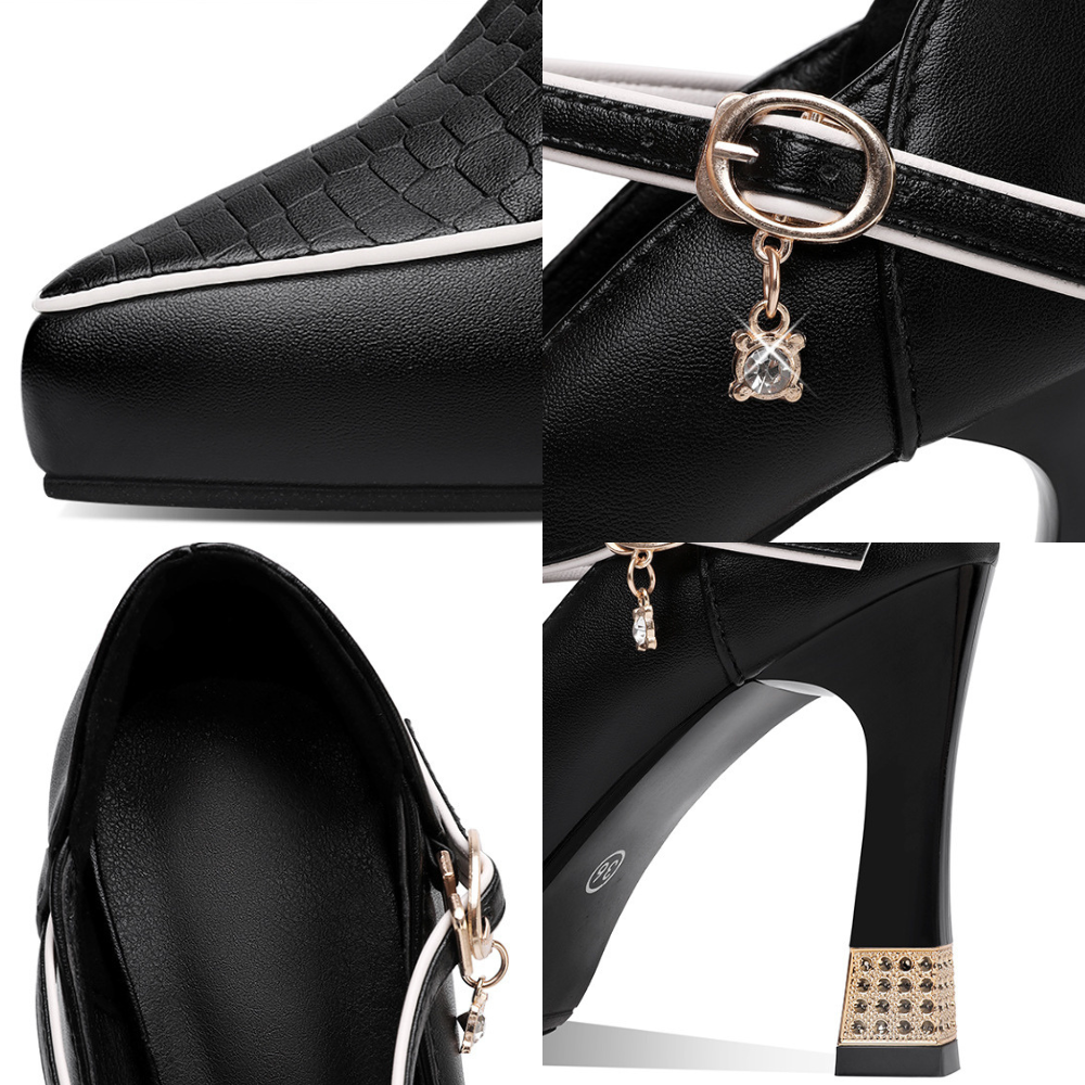 Kaori — T-Bar Platform Court Shoes with Jewel Charm and Crystal Heel