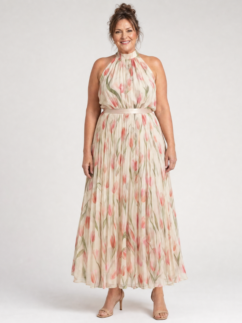 Garance — Cream Floral Halter Midi Dress with Belted Waist