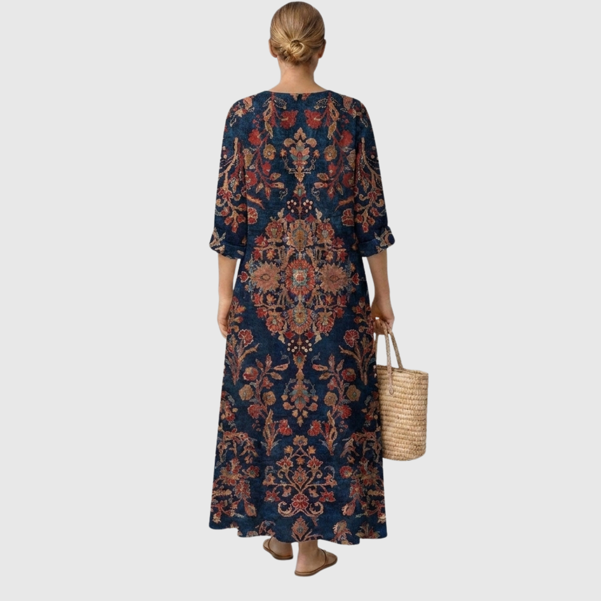 Constance — Navy Medallion V-Neck Boho Maxi Dress