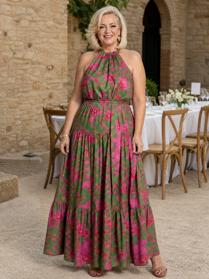Ilenia — Green and Pink Floral Halter Midi Dress with Tiered Skirt
