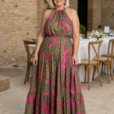 Ilenia — Green and Pink Floral Halter Midi Dress with Tiered Skirt