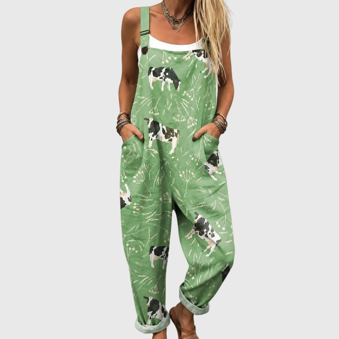 Nia — Green Cow Print Overalls