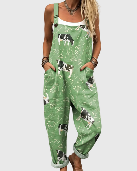 Nia — Green Cow Print Overalls