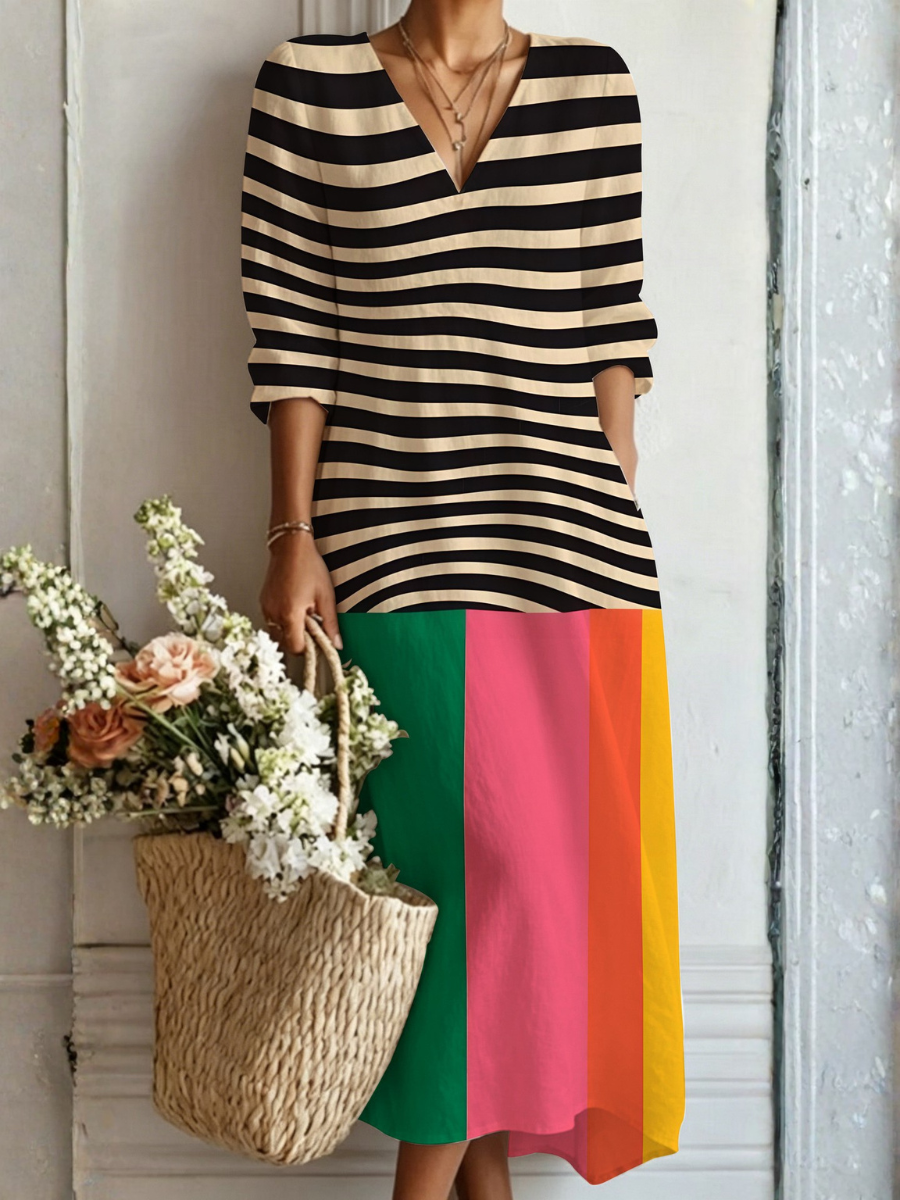 Cala — Black Stripe Colour-Block V-Neck Boho Maxi Dress