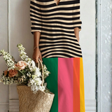 Cala — Black Stripe Colour-Block V-Neck Boho Maxi Dress