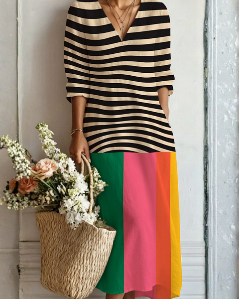 Cala — Black Stripe Colour-Block V-Neck Boho Maxi Dress
