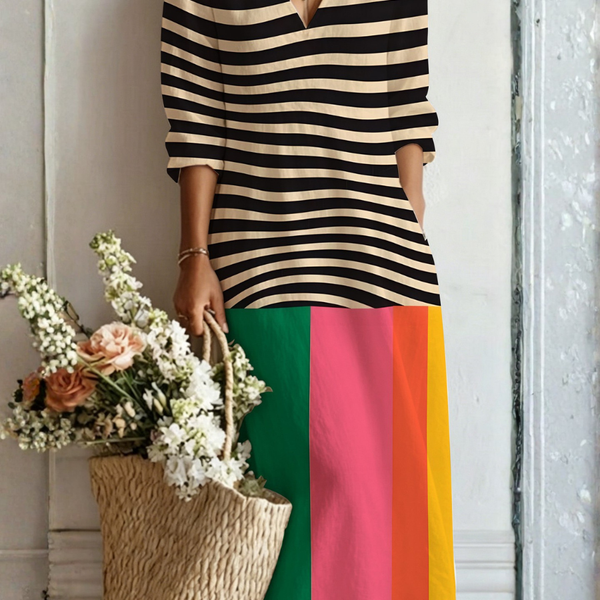 Cala — Black Stripe Colour-Block V-Neck Boho Maxi Dress