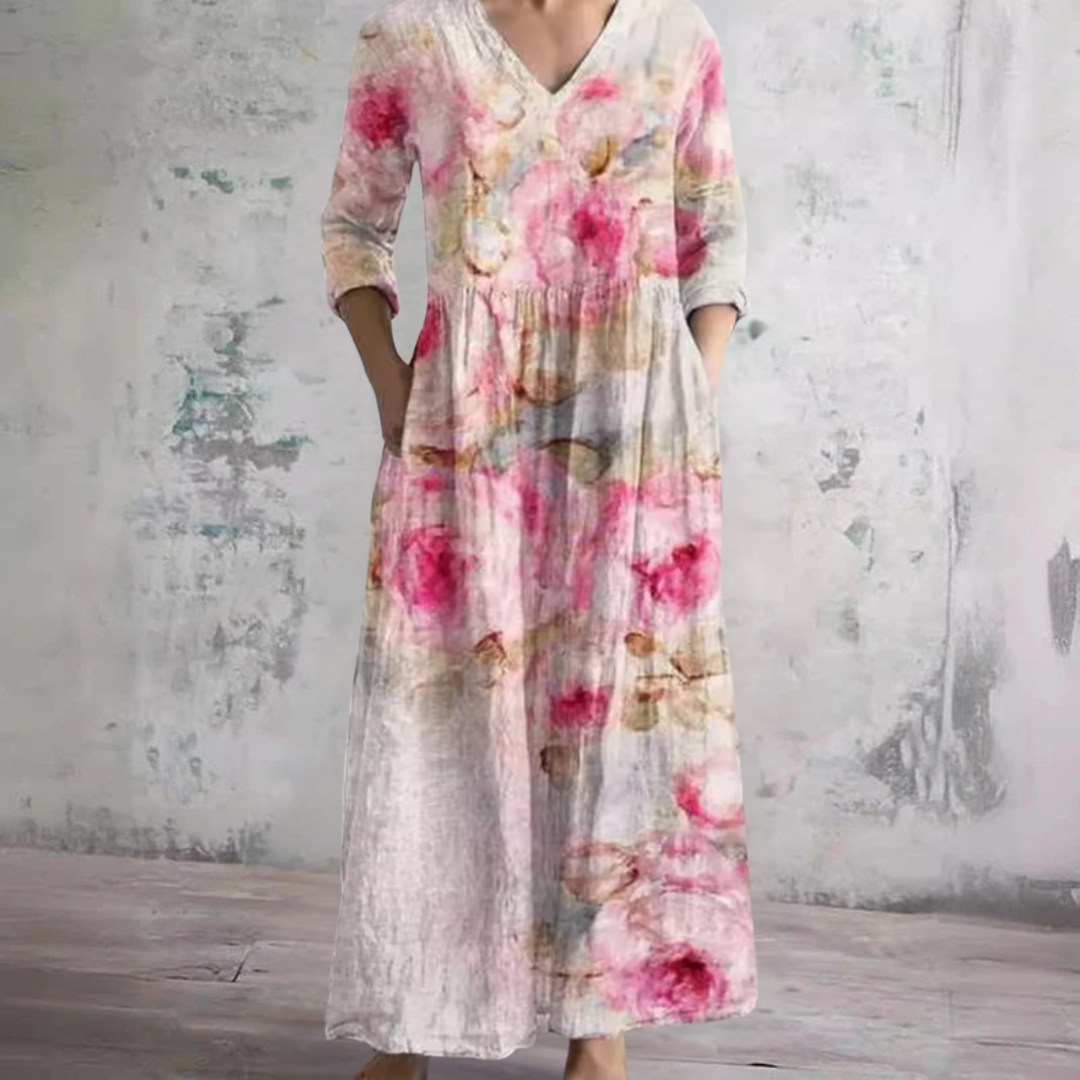 Henrike — Pink Peony Print V-Neck Maxi Dress