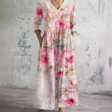 Henrike — Pink Peony Print V-Neck Maxi Dress