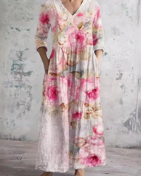 Henrike — Pink Peony Print V-Neck Maxi Dress