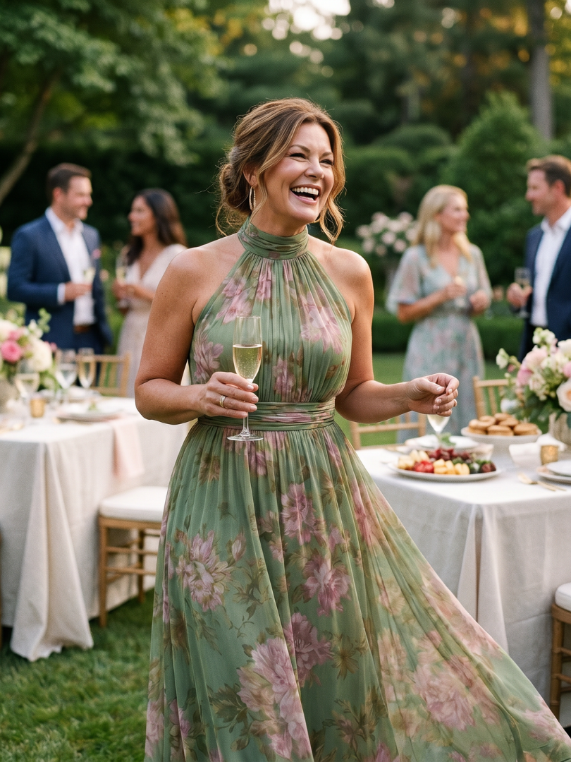 Abelone — Sage Green Floral Halter Midi Dress with Gathered Waist