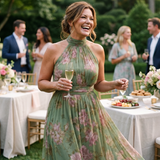 Abelone — Sage Green Floral Halter Midi Dress with Gathered Waist