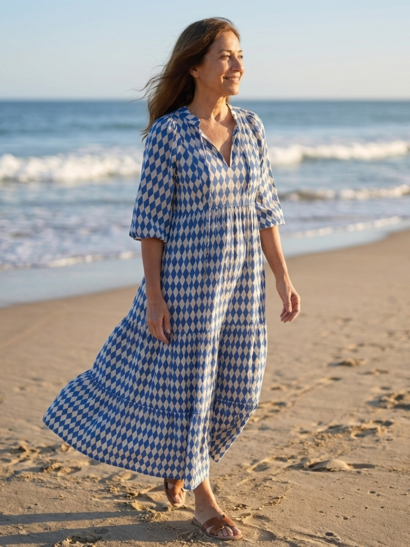 Gytha — Blue Diamond-Print Tiered Maxi Dress with Notch Neckline