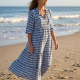 Gytha — Blue Diamond-Print Tiered Maxi Dress with Notch Neckline