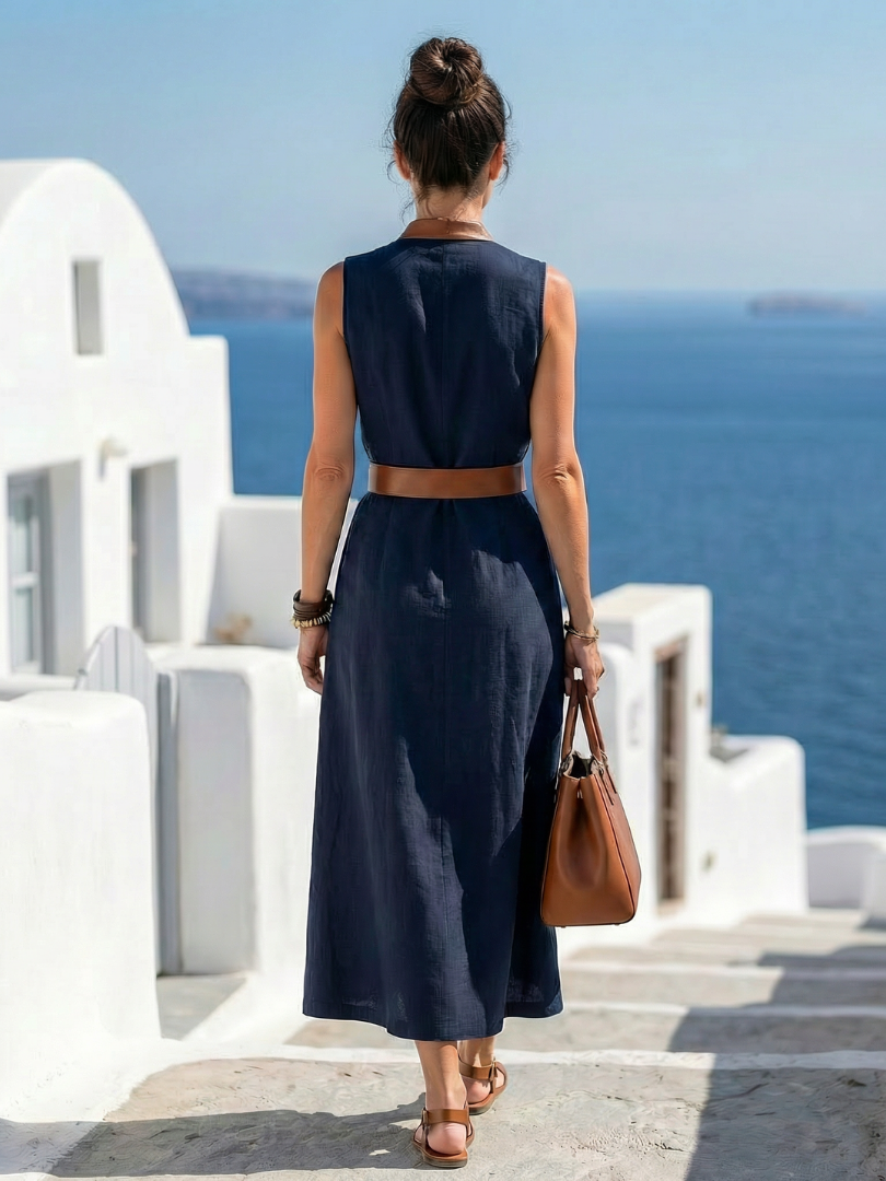 Coralyn — Sleeveless Midi Dress with Contrast Belt Tie and Trim