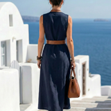 Coralyn — Sleeveless Midi Dress with Contrast Belt Tie and Trim