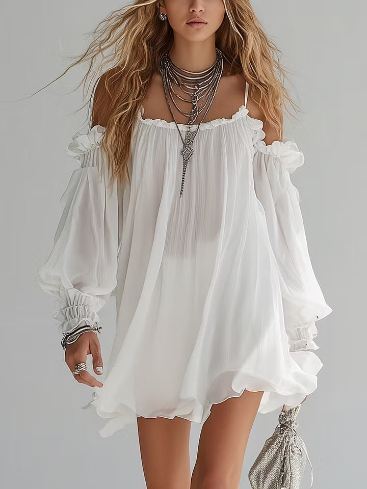 Pernilla — White Off-Shoulder Boho Mini Dress with Puffed Sleeves