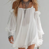 Pernilla — White Off-Shoulder Boho Mini Dress with Puffed Sleeves