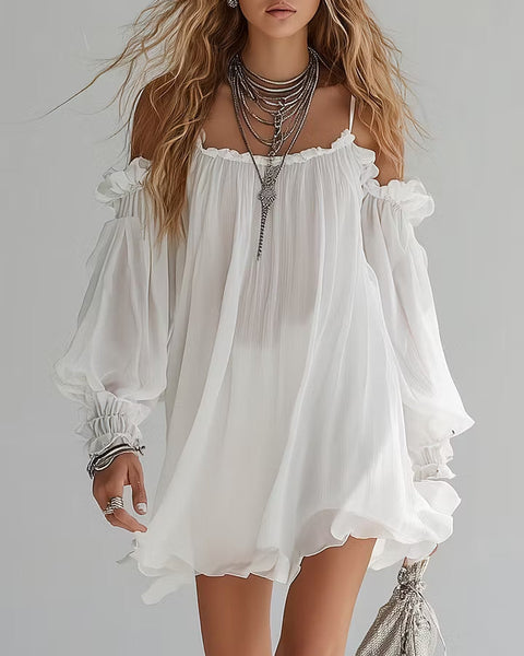 Pernilla — White Off-Shoulder Boho Mini Dress with Puffed Sleeves