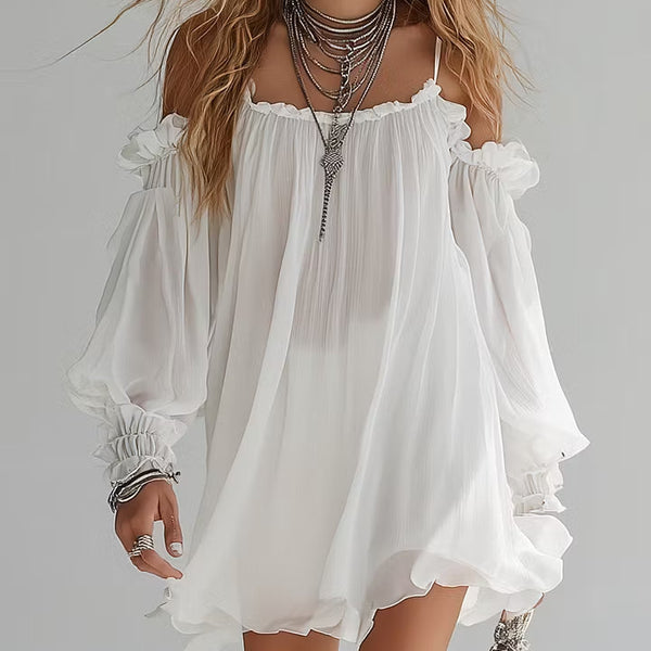 Pernilla — White Off-Shoulder Boho Mini Dress with Puffed Sleeves