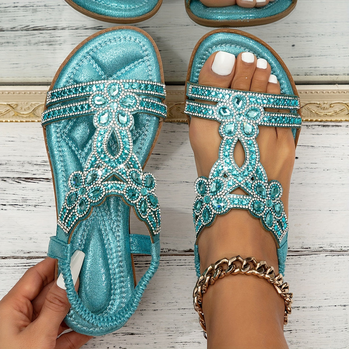 Rhona — Crystal-Detail Slingback Flat Sandals